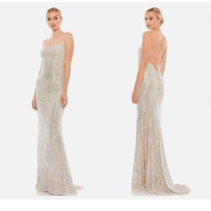 MAC DUGGAL 26269 STRETCH SEQUIN LACE UP BACK EVENING SILVER/NUDE GOWN sz 4